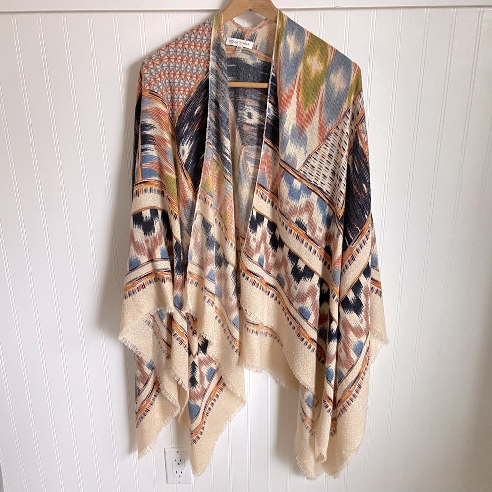 Tilly's Woven Heart Kimono Wrap Batik Poncho Fringe LA Boho Vibes One Size
